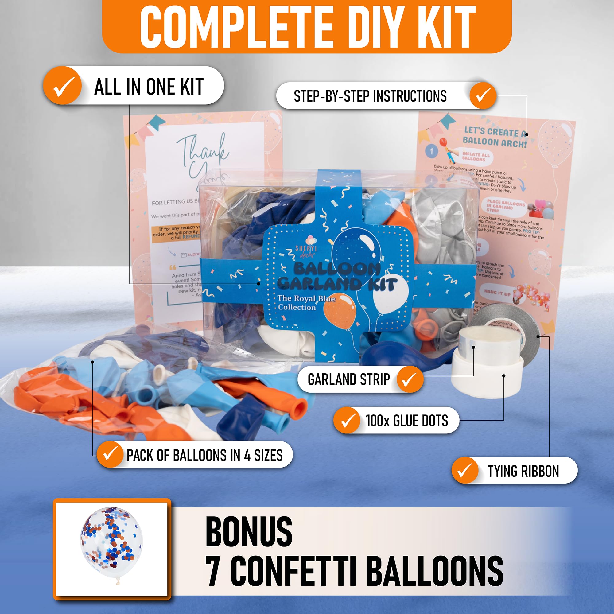 ALL-IN-1 Blue and Orange White Balloons Arch Kit & Garland – Small and Large White Orange and Blue Balloons – Orange and Blue Party Decorations & Supplies for Birthday Party, Nerf, Blippi, Graduation