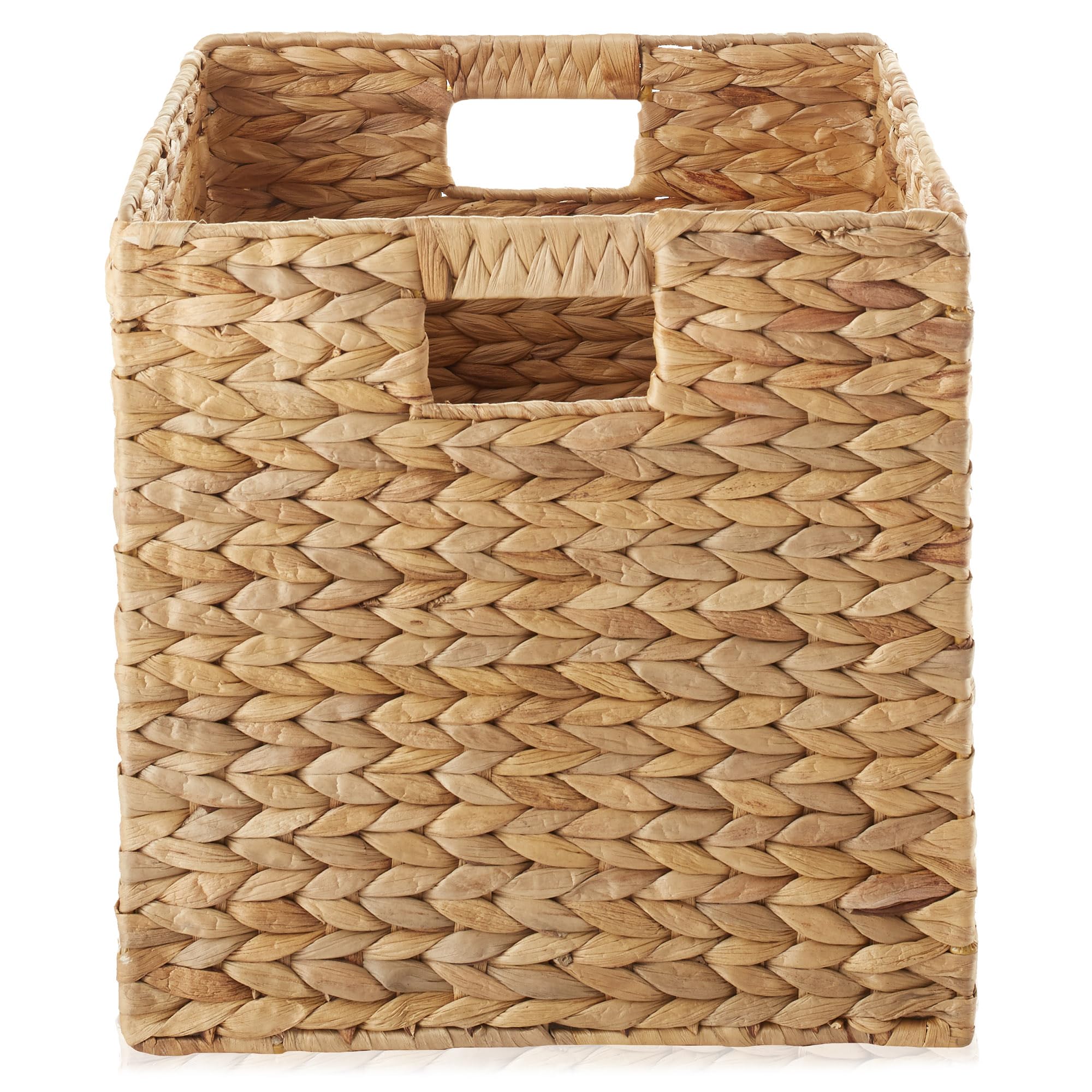 Casafield 12" x 12" Water Hyacinth Storage Baskets, Natural - Set of 6 Collapsible Cube Organizers, Woven Bins for Bathroom, Bedroom, Laundry, Pantry, Shelves