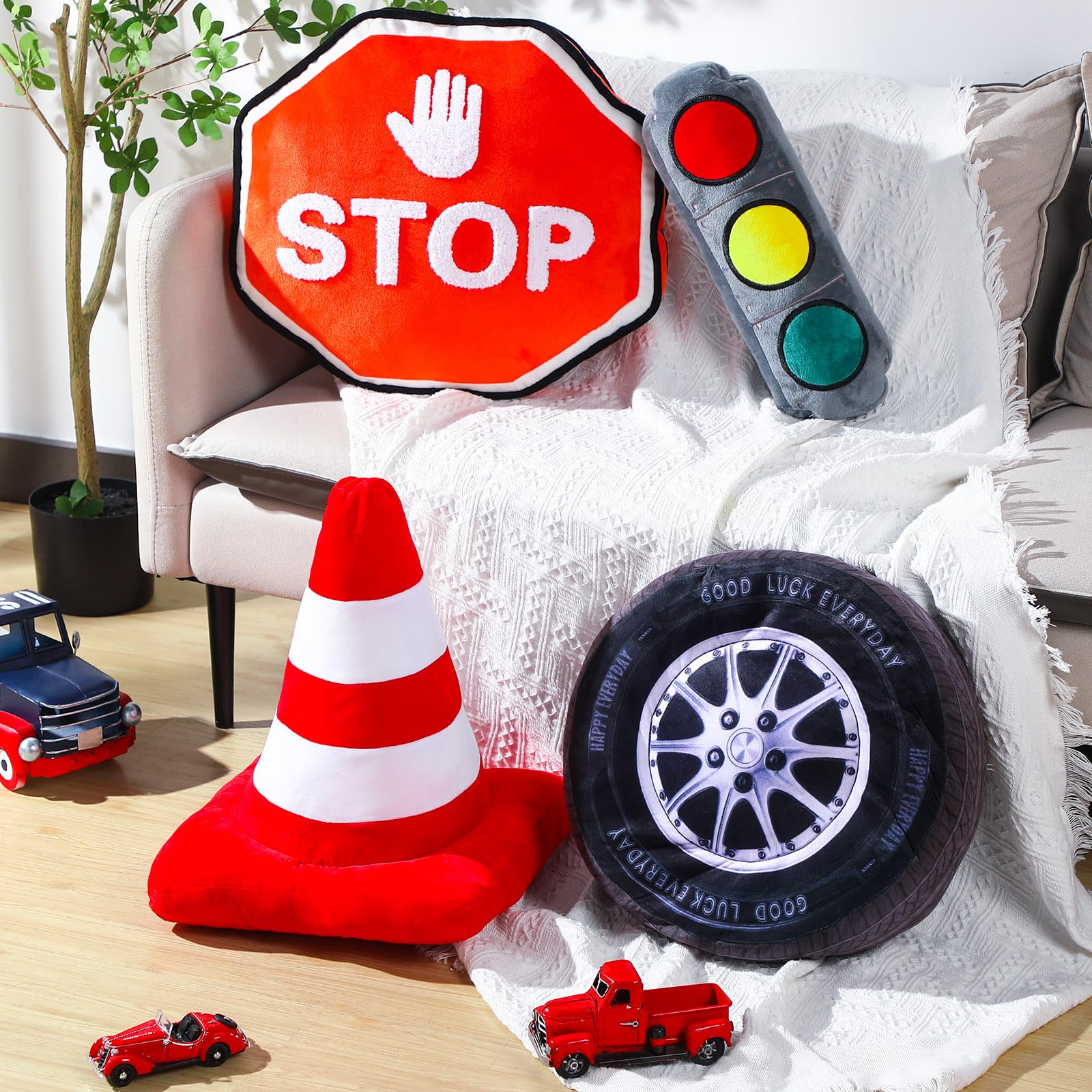 Sintuff 4 Pcs Racing Room Pillow Decorations Set 3D Simulation Wheel Tire Pillow Stop Sign Shaped Throw Pillow Traffic Safety Cone Decorative Plush Toy Kids Bedroom Car Theme Decor