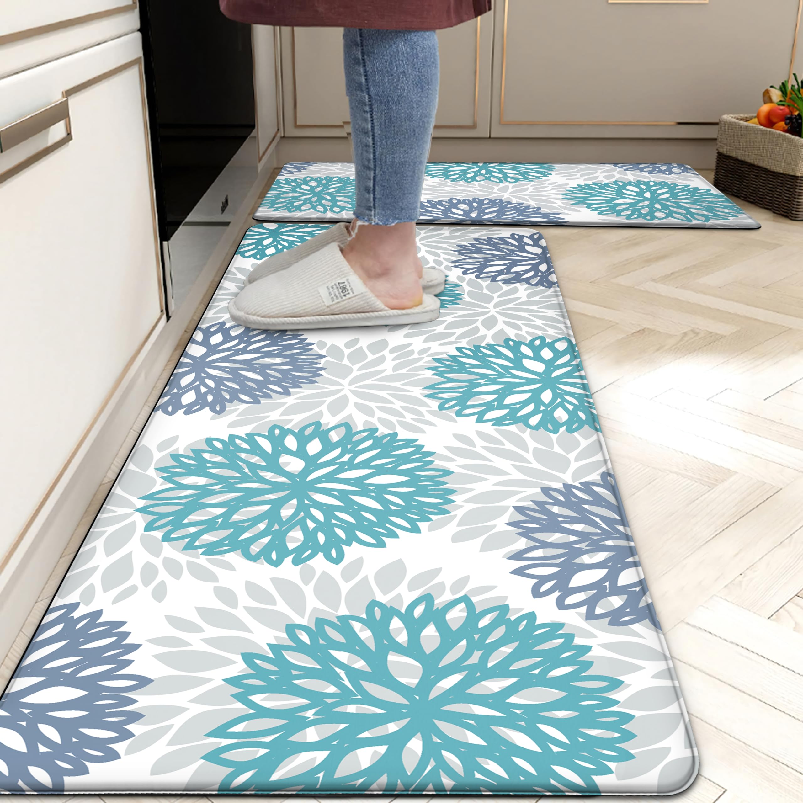 Teal Kitchen Mats Set of 2 Cushioned Anti Fatigue Kitchen Rugs Non Slip Waterproof Runner Memory Foam Kitchen Floor Mat Comfort Standing Mat for Sink,Office,Laundry