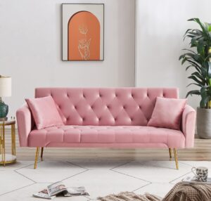 pink velvet sofa bed with 3 adjustable backrests, chrome legs - convertible, folding sleeper couch for living room, office