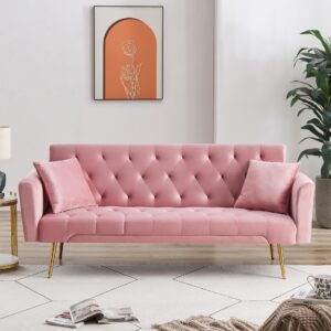 Pink Velvet Sofa Bed with 3 Adjustable Backrests, Chrome Legs - Convertible, Folding Sleeper Couch for Living Room, Office