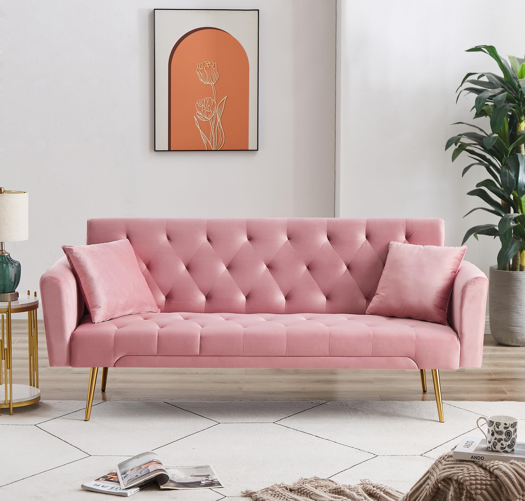 Pink Velvet Sofa Bed with 3 Adjustable Backrests, Chrome Legs - Convertible, Folding Sleeper Couch for Living Room, Office