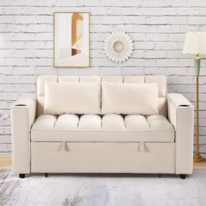 Harper & Bright Designs 55.3" 4-1 Multi-Functional Sofa Bed, Sleeper Sofa Bed with Cup Holder and USB Port for Living Room or Apartments, Cream White