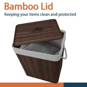 BEEBAON 60L Laundry Basket with Lid, Collapsible Laundry Hamper with Removable Liner Bag, Bamboo Washing Basket with Cotton Handles and PU Handle