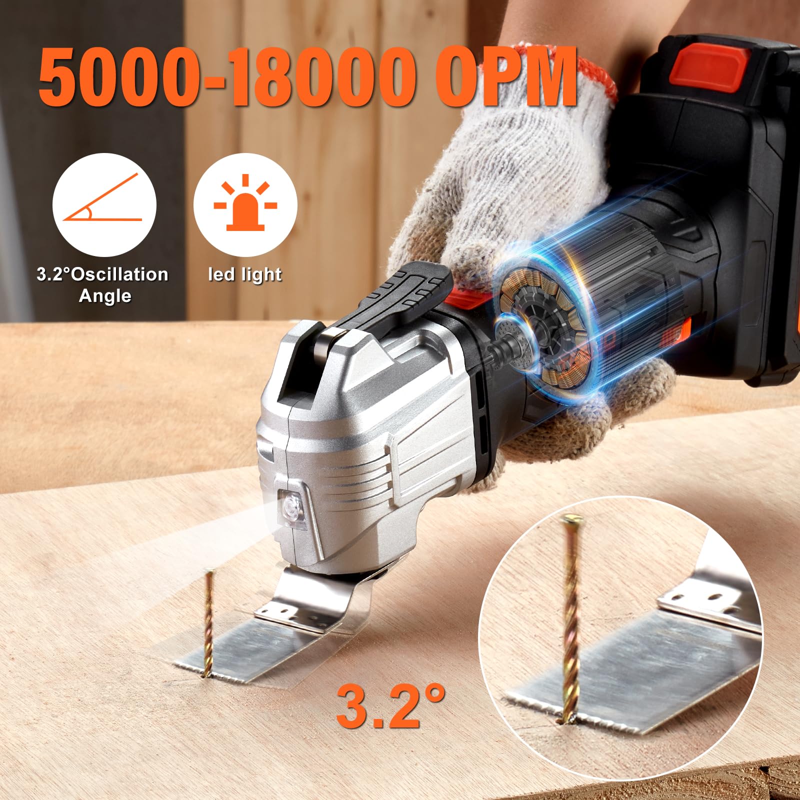 TEENO Oscillating Tool, Cordless Oscillating Multi-Tool with 20V 2Ah Lithium-Ion, 5000-18000 OPM, 6 Variable Speed, 3.2° Oscillation Angle, for Sawing, Cutting, Sanding (Two Battery)