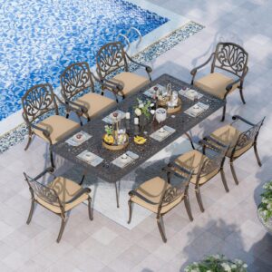 grepatio 9 piece cast aluminum patio furniture set outdoor dining set bistro furniture set with 8 armchairs and dining table, 8 cushions for backyard garden poolside (khaki)