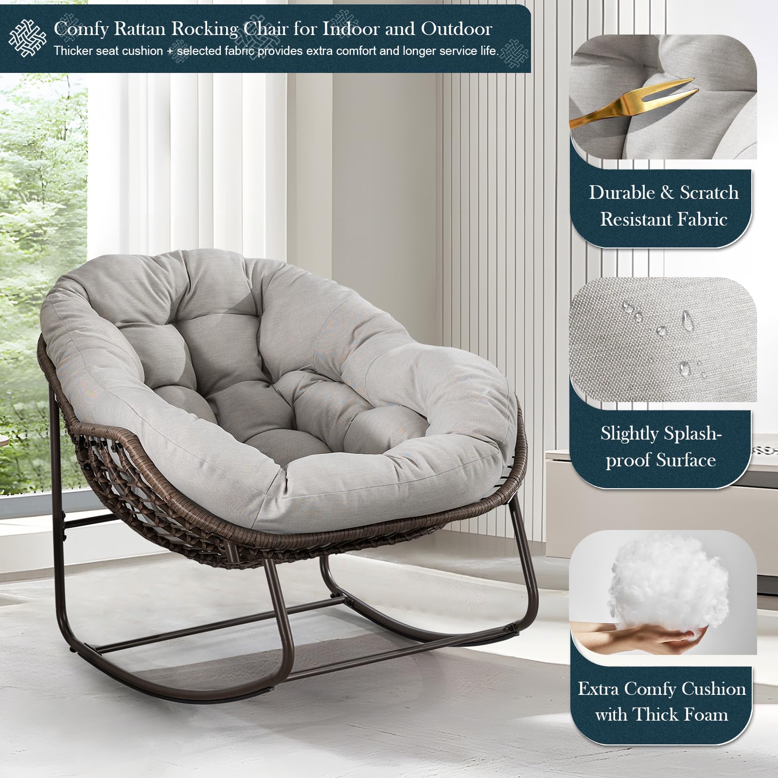 Outdoor Rocking Chair, Patio Oversized Wicker Egg Rocking Chair, Indoor & Outdoor Comfy Rocker Chair with Thick Cushion, Modern Lounge Chair for Balcony, Front Porch, Garden, Backyard, Deck, Beige