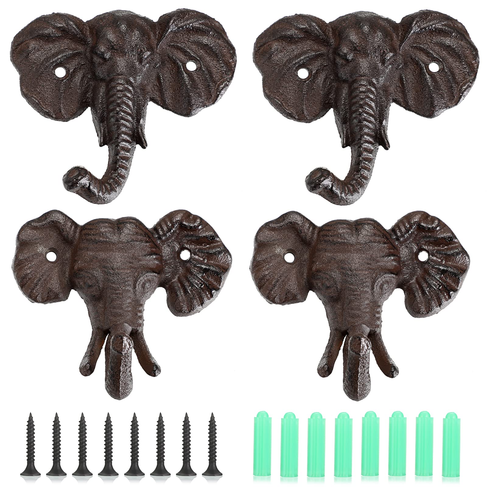 Sumnacon Cast Iron Coat Hook, 4PCS Wall-Mounted Coat Hook for Key Bag Towel Cup,Heavy Duty Towel Hook for Bathroom Kitchen Entrance Cloakroom,Elephant