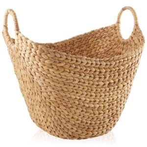 casafield large laundry boat basket with handles - natural, woven water hyacinth multipurpose storage organizer for throw blankets, bathroom, bedroom, living room