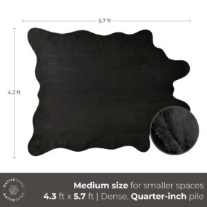 NativeSkins Faux Cowhide Rug – Midnight Black (Medium) | 4.3ft x 5.7ft | Triple-Layer Support | Ultra-Soft Pile | Hand-Cut, Faux Suede No-Slip Backing | Western Rug | Cow Hide Animal Print Rug