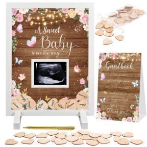 kosiz rustic wood floral baby shower guest book alternatives butterfly pink flower guest book frame with wooden hearts for 60 guests baby shower sign pregnancy keepsake for soon to be moms