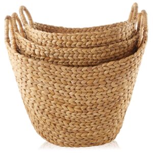 Casafield Set of 3 Multipurpose Boat Baskets with Handles - Natural, Woven Water Hyacinth Storage Organizers for Throw Blankets, Bedroom, Living Room, Laundry