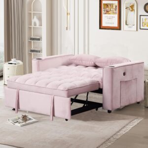 Harper & Bright Designs 55.3" 4-1 Multi-Functional Sofa Bed, Sleeper Sofa Bed with Cup Holder and USB Port for Living Room or Apartments, Pink