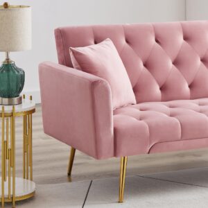 Pink Velvet Sofa Bed with 3 Adjustable Backrests, Chrome Legs - Convertible, Folding Sleeper Couch for Living Room, Office