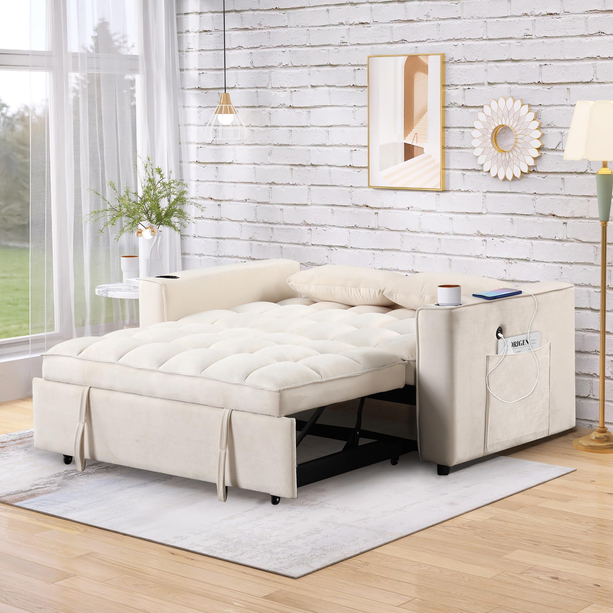 Harper & Bright Designs 55.3" 4-1 Multi-Functional Sofa Bed, Sleeper Sofa Bed with Cup Holder and USB Port for Living Room or Apartments, Cream White