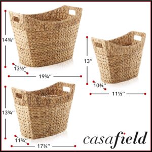 Casafield Set of 3 Stackable Oval Laundry Baskets with Handles - Natural, Woven Water Hyacinth Storage Totes for Throw Blankets, Bathroom, Bedroom, Living Room