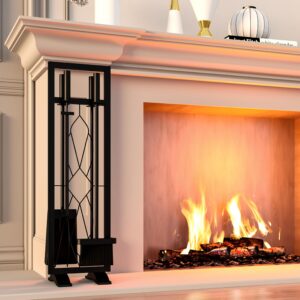 Fire Beauty Fireplace Tools Set 5 Pieces Fireside Accessories Fire Kit Stand Woodstove Tools Holder Wrought Iron Handle Indoor Fireset Stand