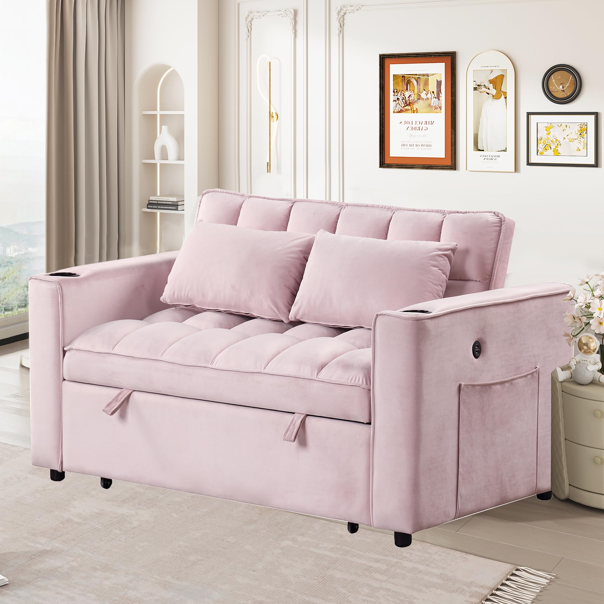 Harper & Bright Designs 55.3" 4-1 Multi-Functional Sofa Bed, Sleeper Sofa Bed with Cup Holder and USB Port for Living Room or Apartments, Pink