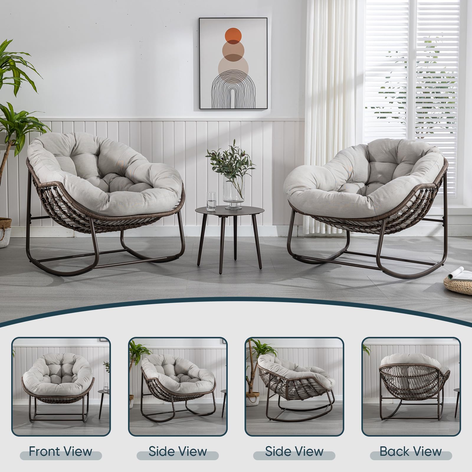 Outdoor Rocking Chair, Patio Oversized Wicker Egg Rocking Chair, Indoor & Outdoor Comfy Rocker Chair with Thick Cushion, Modern Lounge Chair for Balcony, Front Porch, Garden, Backyard, Deck, Beige