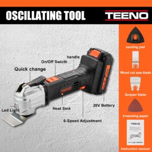 TEENO Oscillating Tool, Cordless Oscillating Multi-Tool with 20V 2Ah Lithium-Ion, 5000-18000 OPM, 6 Variable Speed, 3.2° Oscillation Angle, for Sawing, Cutting, Sanding (Two Battery)