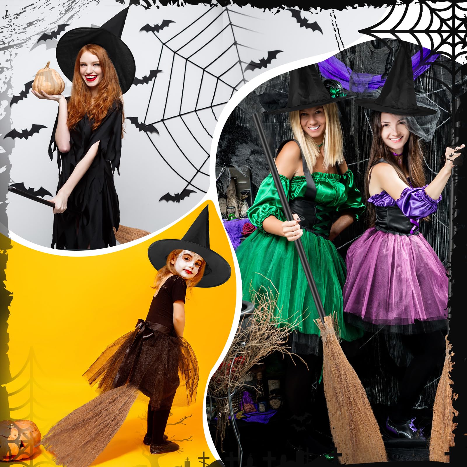 Panitay 6 Pieces Halloween Witch Broom Hat Set, Includes 3 Pcs Realistic Witch Brooms and 3 Pcs Black Witch Hats, Halloween Witch Accessories for Halloween Party Cosplay Props Costume Accessories