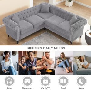 RARZOE Chesterfield L Shaped Sectional Sofa, Deep Button Tufted Velvet Sofa, Upholstered Rolled Arm Classic Chesterfield Settee Sofa, Modern 5 Seater Couch Furniture for Living Room, Grey