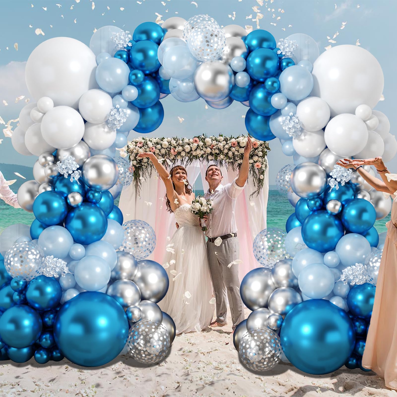 Metallic Blue Silver Balloons Garland Arch Kit, 117Pcs 18/12/10/5 Inch Chrome Blue Light Blue White Sliver Confetti Balloons for Baby Shower Birthday Wedding Graduation Party Decorations