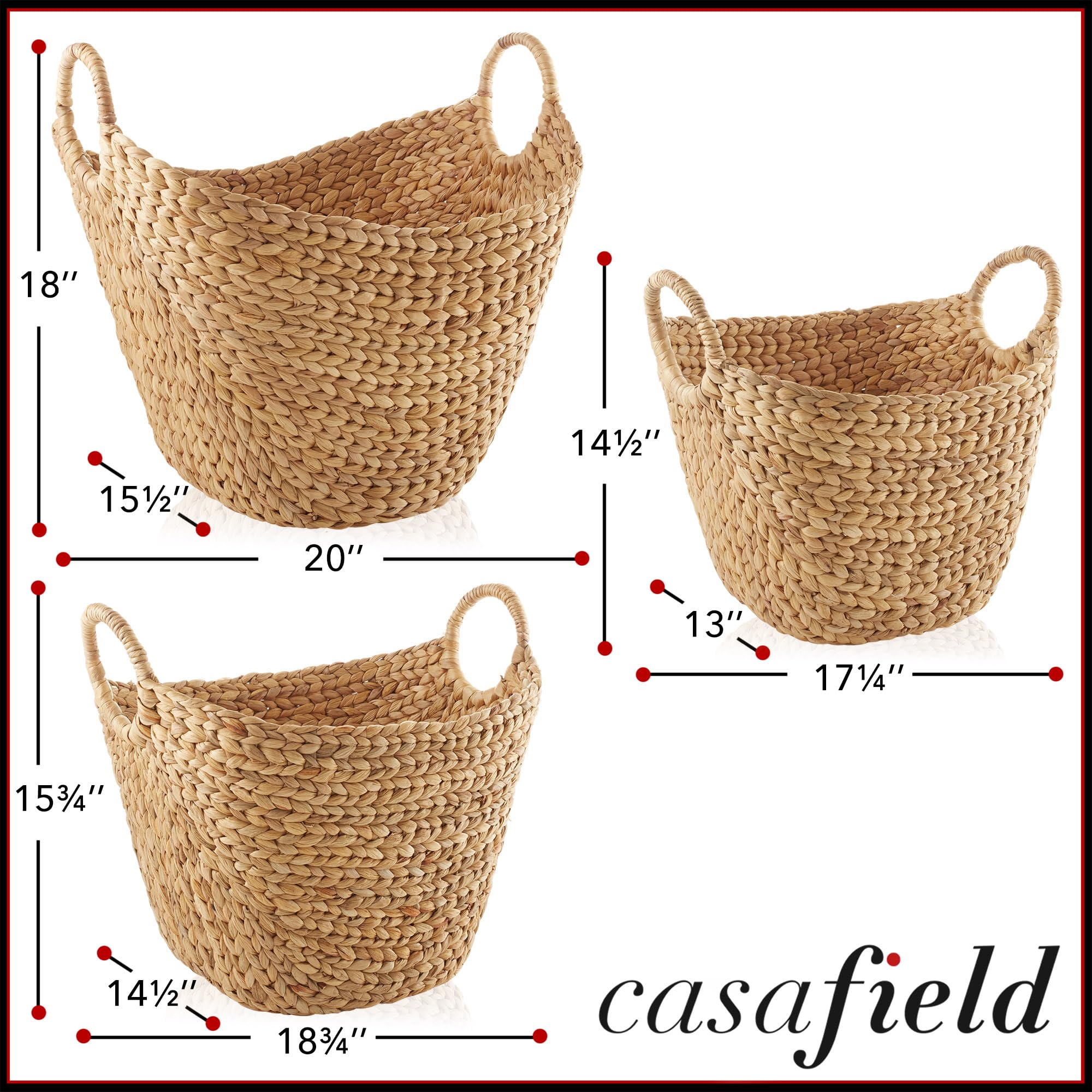 Casafield Set of 3 Multipurpose Boat Baskets with Handles - Natural, Woven Water Hyacinth Storage Organizers for Throw Blankets, Bedroom, Living Room, Laundry