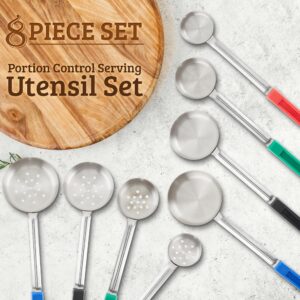 Portion Control Serving Spoons, Serving Utensil Set - Bariatric Surgery Must Haves - 8 Serving Utensils - Gastric Sleeve, Weight Loss, Home Cooking, Bariatric Measuring - 4 Solid and Perforated