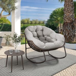 outdoor rocking chair, patio oversized wicker egg rocking chair, indoor & outdoor comfy rocker chair with thick cushion, modern lounge chair for balcony, front porch, garden, backyard, deck, beige