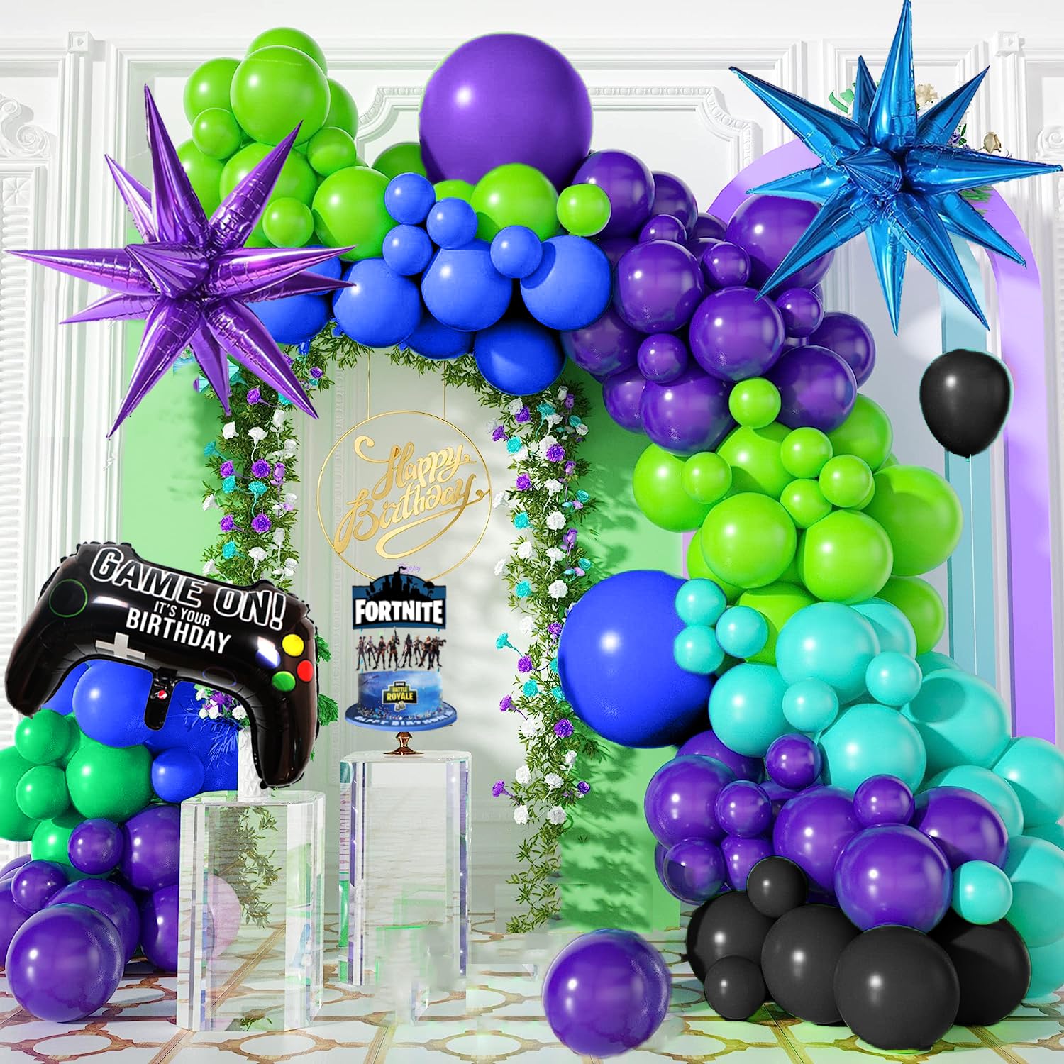 150Pcs Purple Blue Green Black Game Balloon Garland Kit for Video Game Theme Birthday Party Decorations, Video Game Party Supplies Gamer Decorations