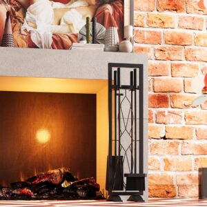 Fire Beauty Fireplace Tools Set 5 Pieces Fireside Accessories Fire Kit Stand Woodstove Tools Holder Wrought Iron Handle Indoor Fireset Stand