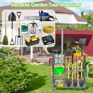 Felnuhee Garden Tool Organizer for Garage, 3 Tier Utility Yard Tool Organizer and Storage Holder with Wheels, Large Garden Tool Rack with Extra Storage Basket for Garden/Shed/Garage/Yard/Basement/Lawn