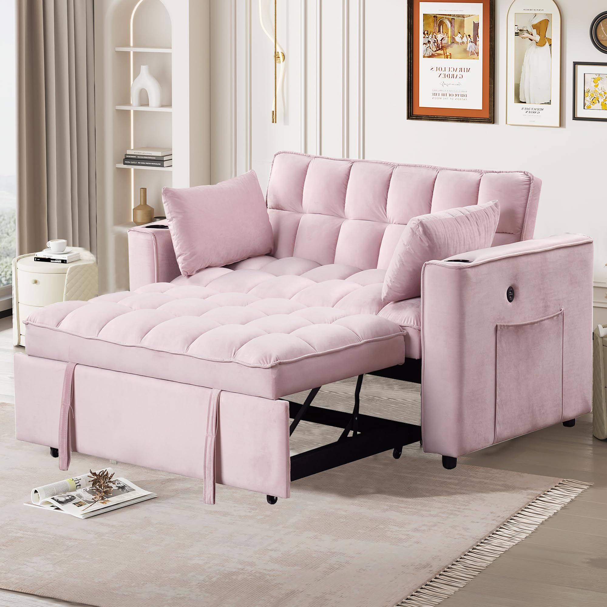 Harper & Bright Designs 55.3" 4-1 Multi-Functional Sofa Bed, Sleeper Sofa Bed with Cup Holder and USB Port for Living Room or Apartments, Pink