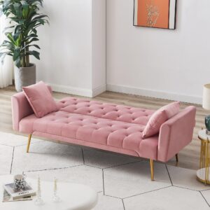 Pink Velvet Sofa Bed with 3 Adjustable Backrests, Chrome Legs - Convertible, Folding Sleeper Couch for Living Room, Office