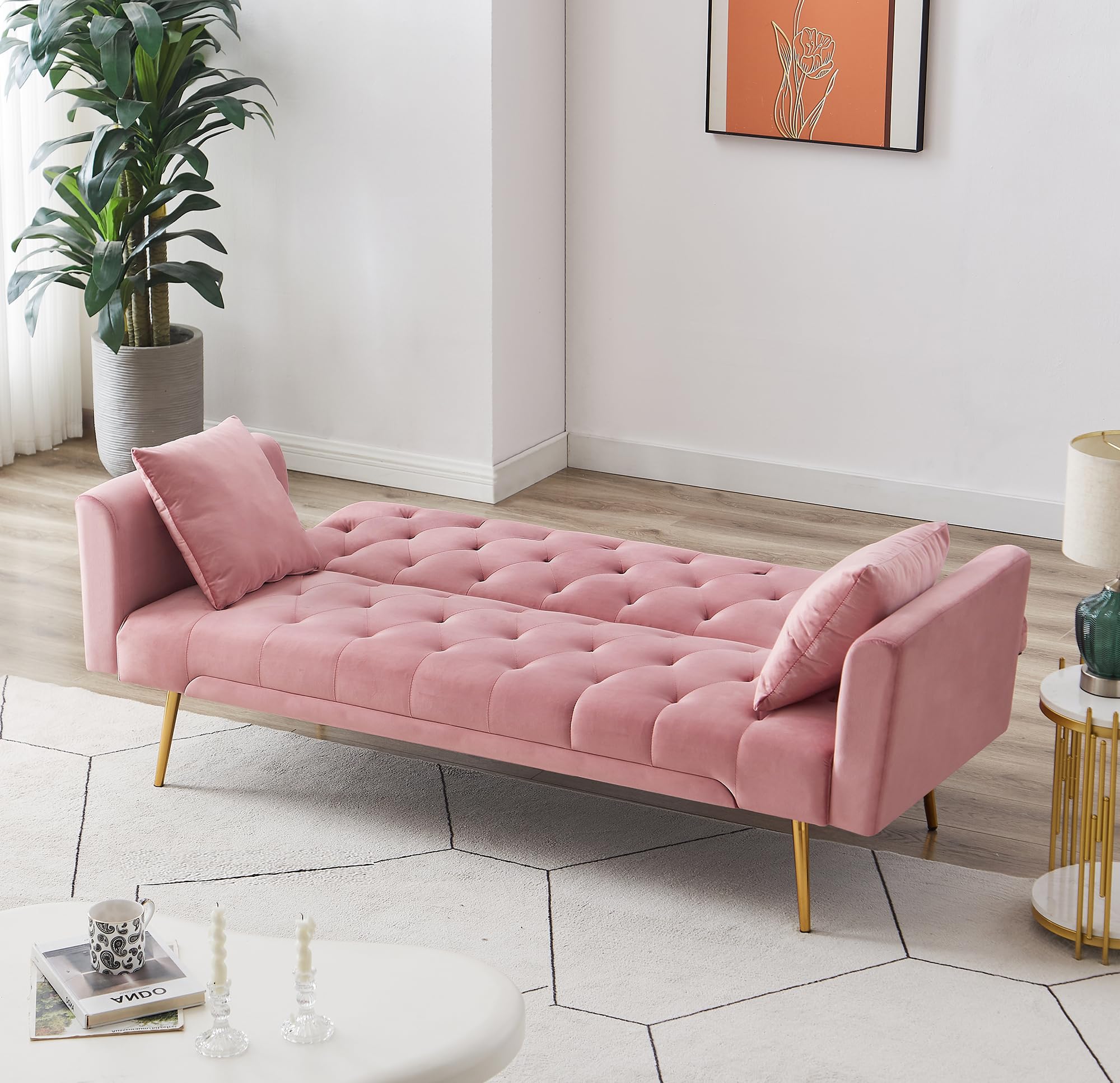 Pink Velvet Sofa Bed with 3 Adjustable Backrests, Chrome Legs - Convertible, Folding Sleeper Couch for Living Room, Office