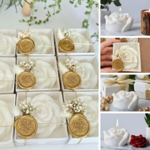 White Rose Petal Soy Wax Candles in Bulk - Scented Wedding Favor, Bridal Shower Baby Shower Birthday Gift - Dried Flower, Wax Stamp (10 Pieces)