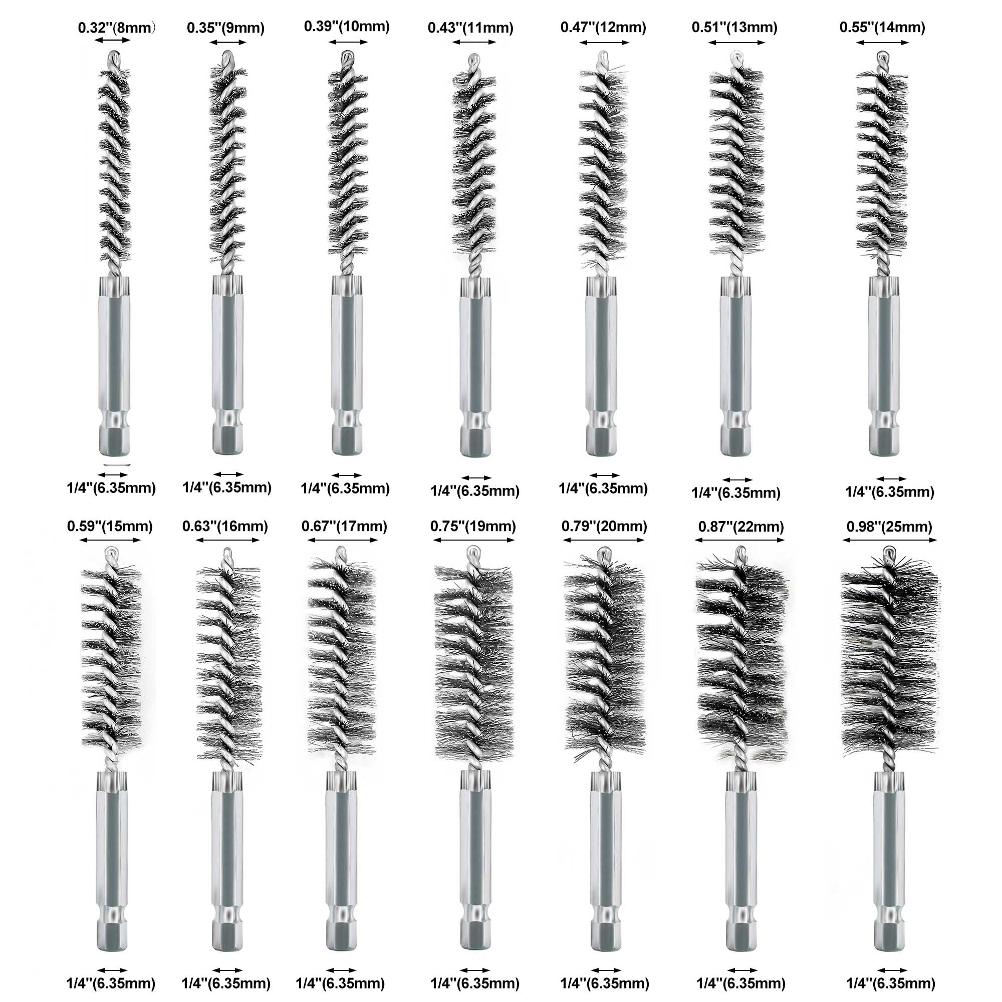 ASNOMY 14Pcs Stainless Steel Bore Brush for Drill,5/16"-1" Metal Bristles Wire Brush Bore Cleaning Brush Set for Power Drill Cleaning, Abrasive Wire Brush with 1/4" Hex Shank