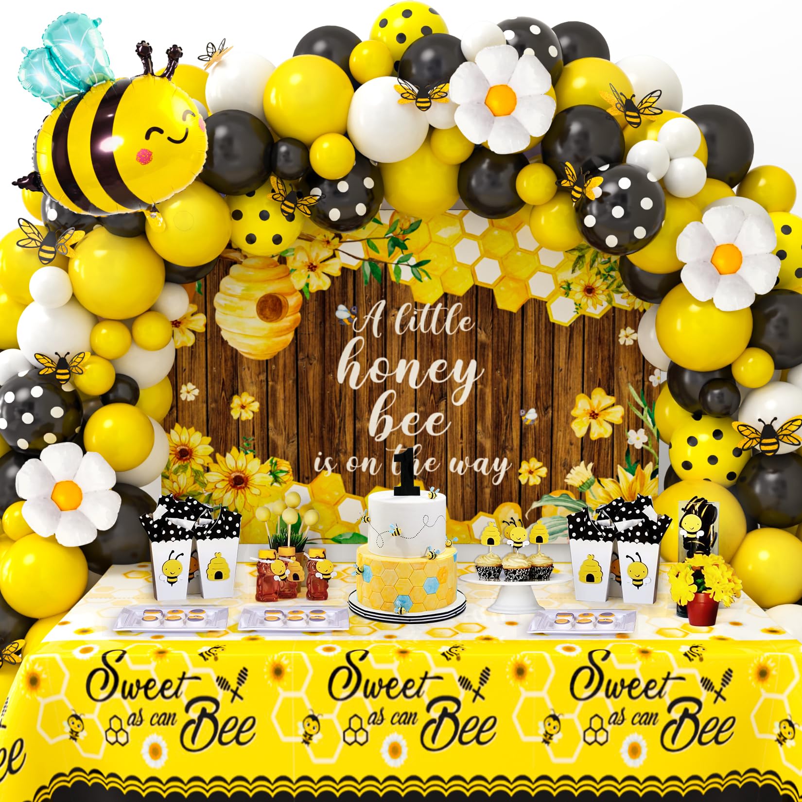 Winrayk 133Pcs Bee Birthday Party Decorations Supplies Bee Baby Shower Decorations Honey Bee Balloon Arch Kit Sweet As Can Bee Tablecloth Backdrop Bee Wall Decor Gender Reveal Bumble Bee Decorations