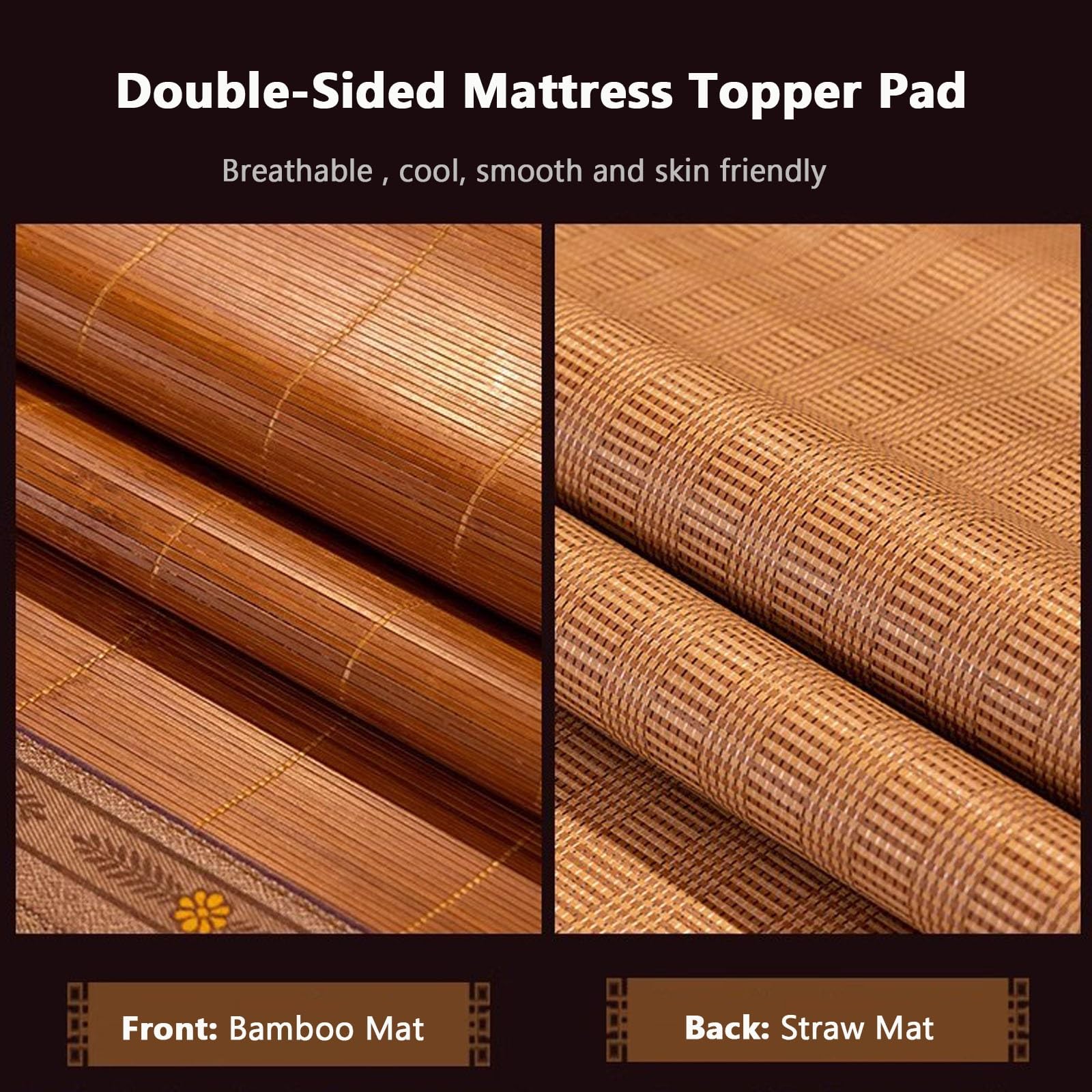 Summer Cooling Bamboo Sleeping Mat Foldable,Double-Sided Sleeping Pad Straw Mat ,Double King Size Mattress Topper Pad,Breathable Bed Sheet Air Conditioning Mat for Home Bedroom School Dormitory ( Size