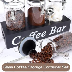 WYTAOHZL 3PCS Glass Coffee Containers with Shelf 54 oz Coffee Station Organizer Glass Coffee Bean Storage with Spoon Coffee Canister Set Jars with Airtight Locking Clamp for Coffee Bean Ground Nuts