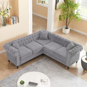 rarzoe chesterfield l shaped sectional sofa, deep button tufted velvet sofa, upholstered rolled arm classic chesterfield settee sofa, modern 5 seater couch furniture for living room, grey