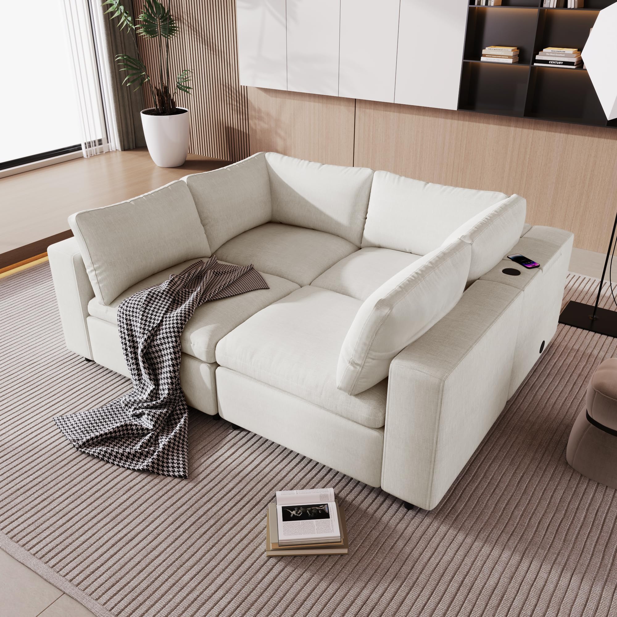 kevinplus 106'' Modular Sectional Sofa Couch for Living Room, Modern Upholstered 4-Seat Sofa Couch L-Shape with USB Charge Port & Wireless Charging & Built-in Bluetooth Speaker in Arm, Beige