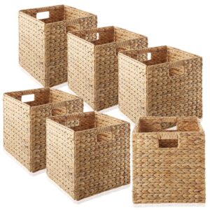 casafield 12" x 12" water hyacinth storage baskets, natural - set of 6 collapsible cube organizers, woven bins for bathroom, bedroom, laundry, pantry, shelves