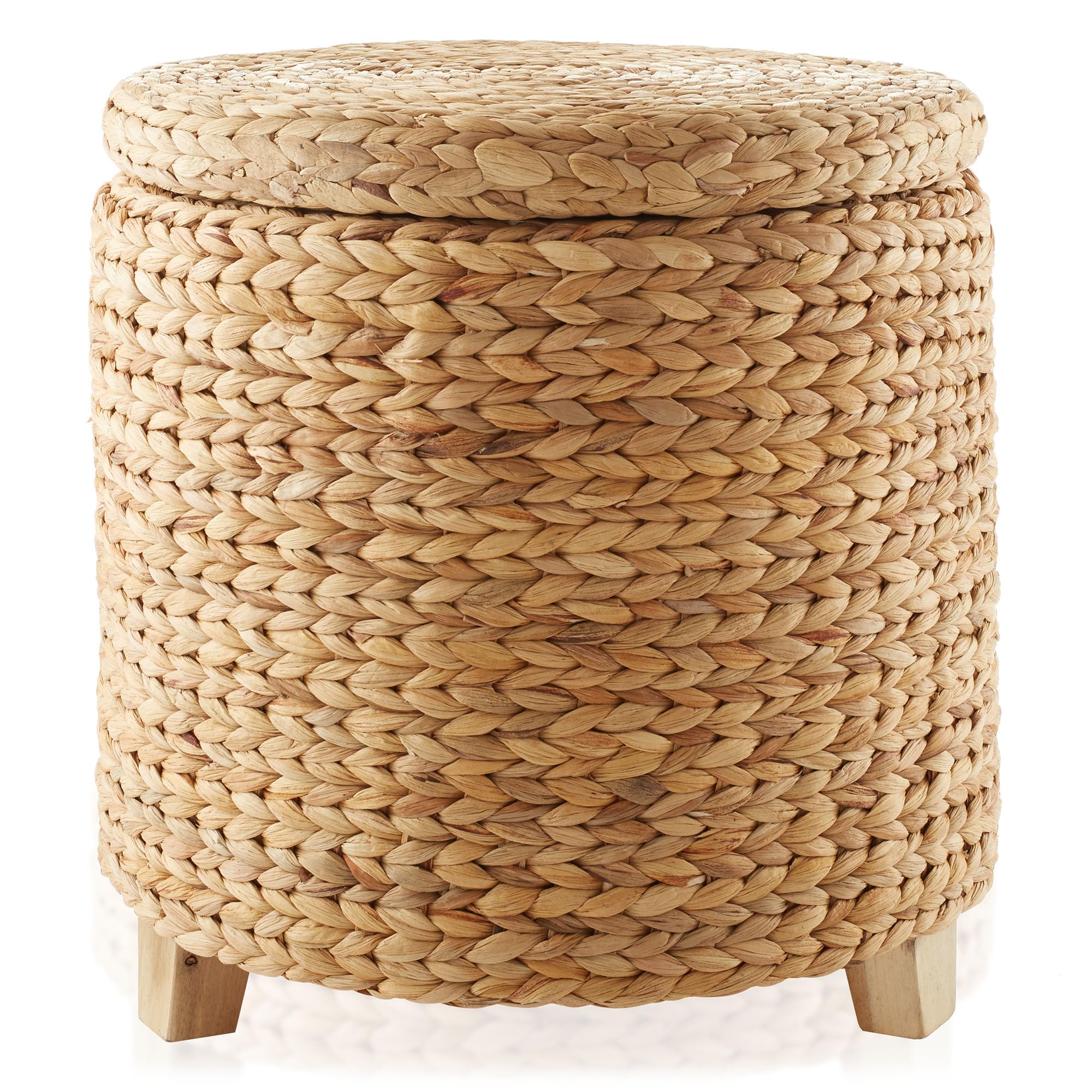 Casafield 17" Round Storage Ottoman with Lid - Natural, Handwoven Water Hyacinth Footstool for Living Room, Bedroom, Bathroom, Home Office