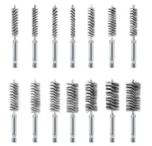 asnomy 14pcs stainless steel bore brush for drill,5/16"-1" metal bristles wire brush bore cleaning brush set for power drill cleaning, abrasive wire brush with 1/4" hex shank