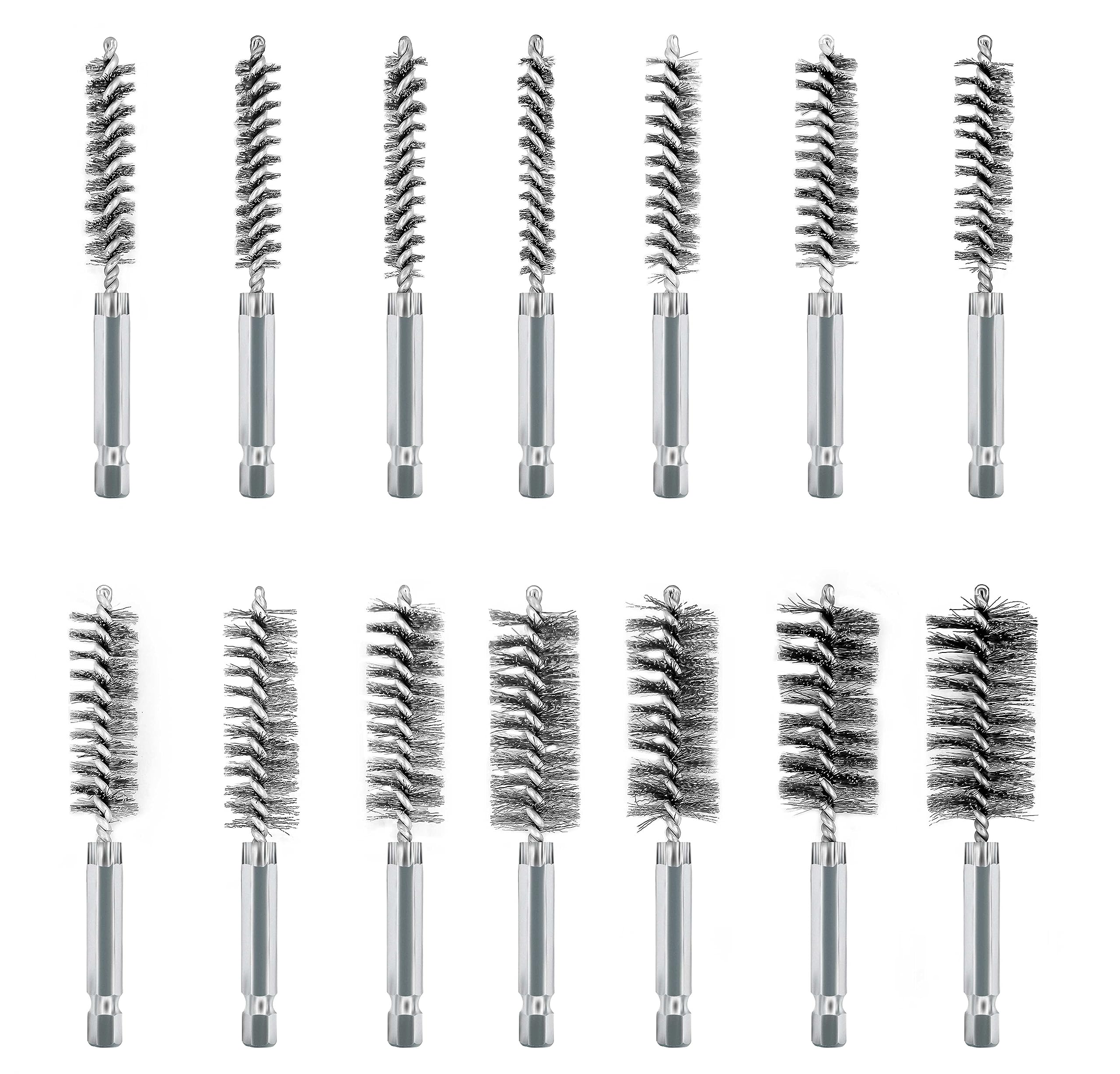 ASNOMY 14Pcs Stainless Steel Bore Brush for Drill,5/16"-1" Metal Bristles Wire Brush Bore Cleaning Brush Set for Power Drill Cleaning, Abrasive Wire Brush with 1/4" Hex Shank