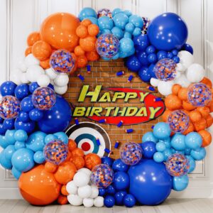 all-in-1 blue and orange white balloons arch kit & garland – small and large white orange and blue balloons – orange and blue party decorations & supplies for birthday party, nerf, blippi, graduation