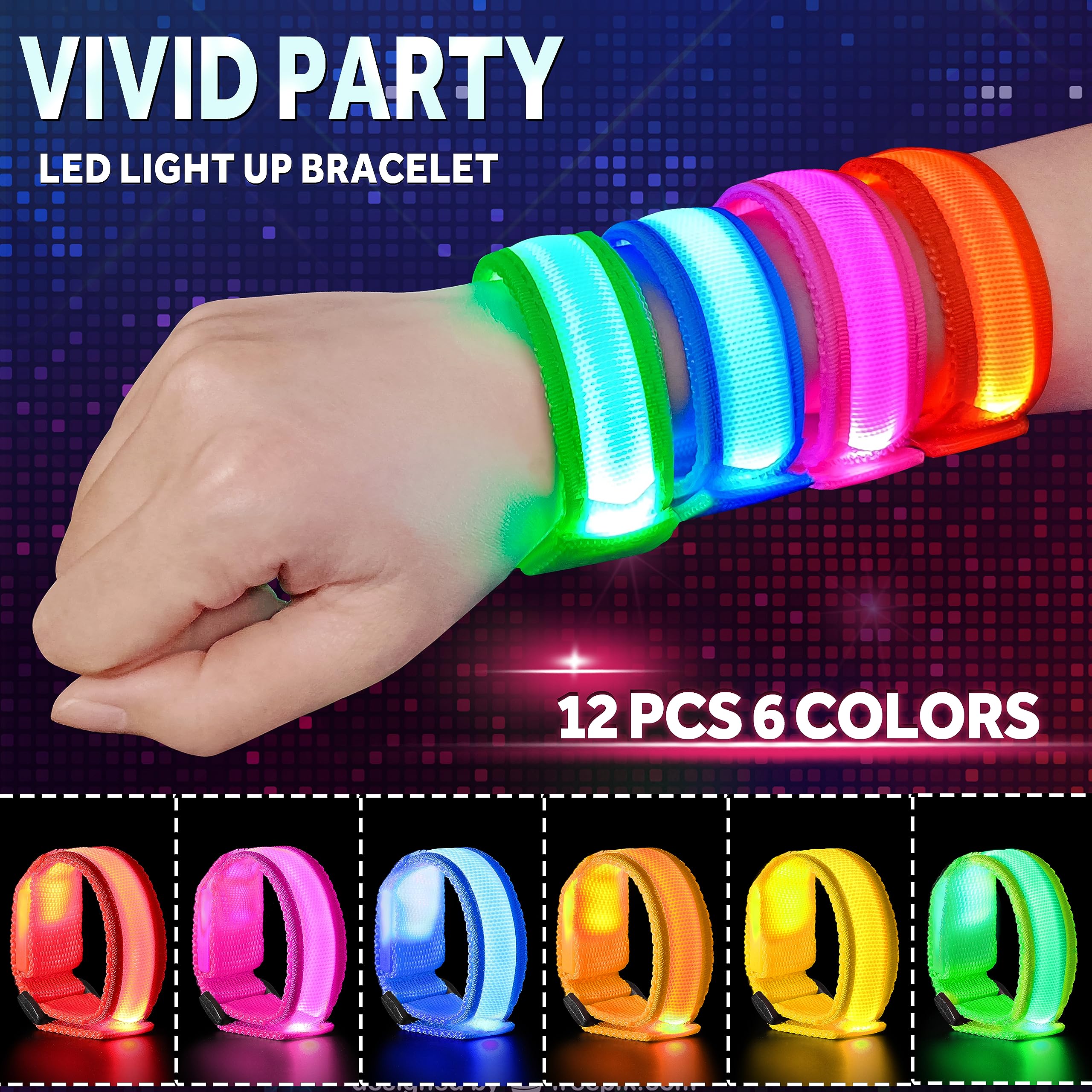 GIFTINBOX 12/6 PCS LED Light Up Bracelets for Kids Adults, LED Glow Flashing Arm Wrist Bands, Glow in The Dark Party Supplies for Night Events Halloween Safety Party Favors Concerts Rave Sports